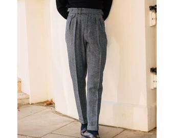 Men’s Grey Herringbone Tweed Trousers | Tailored Pleated Pants