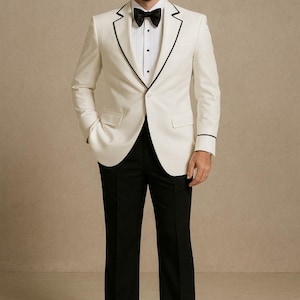 Men&#39;s White Tuxedo with Black Piping: Slim Fit Wedding Suit