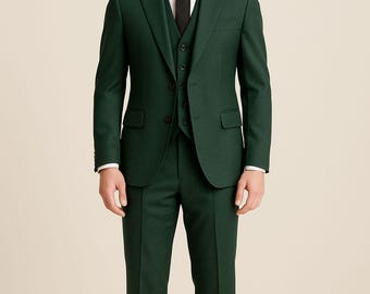 メンズダークグリーンスーツ：テーラードフィット、ダブルブレスト