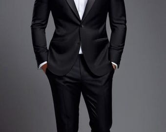 Men Black Tuxedo 2 pc suit : Satin Lapel, Wedding, Dinner, Prom