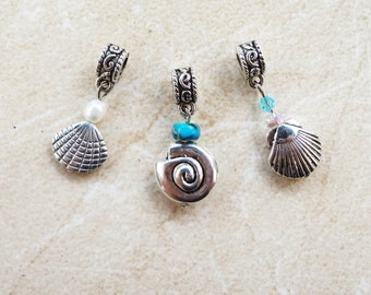 Set of Three Quality Shell Charms for European Bracelets, two-sided.