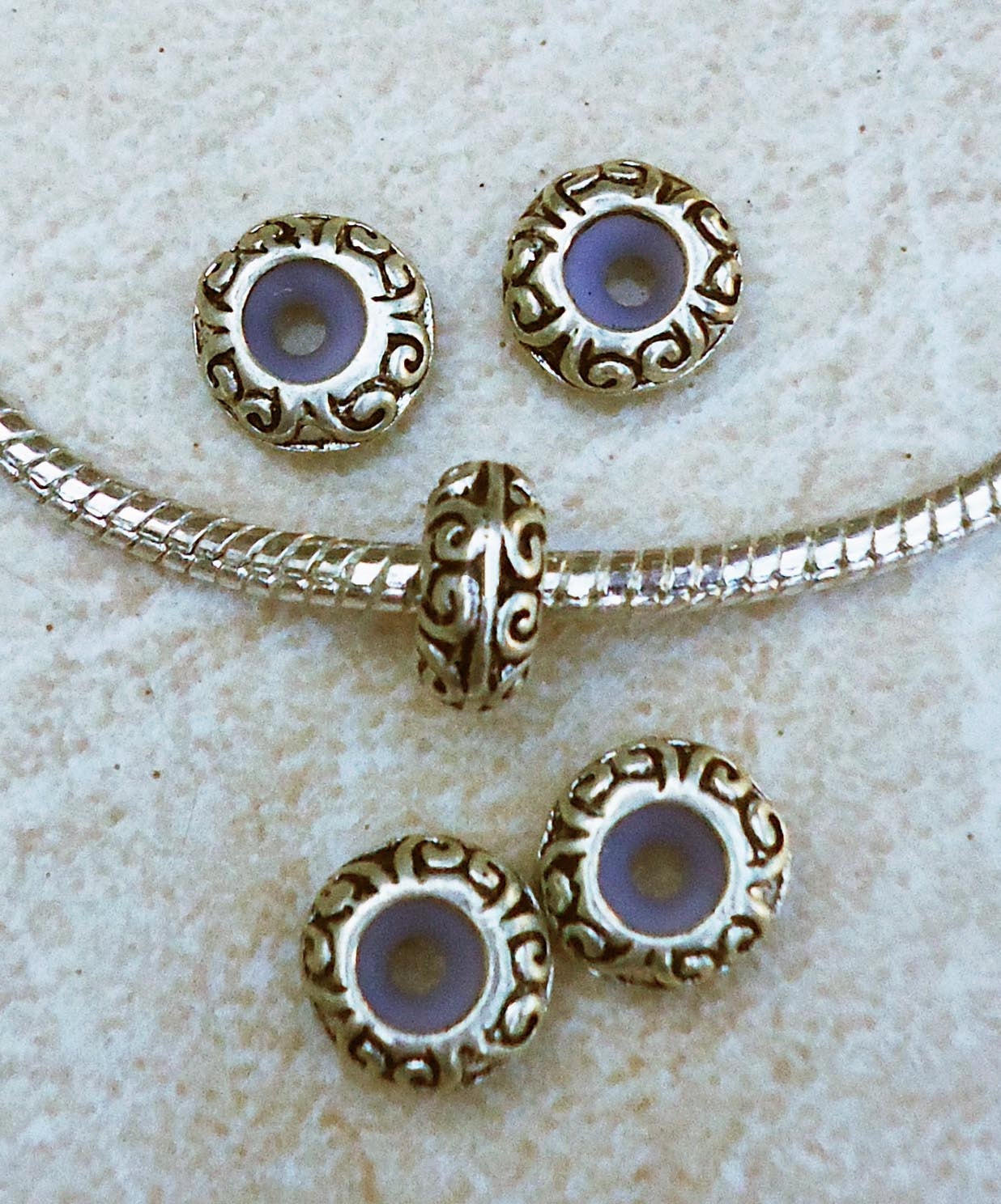TWO Rubber Stopper Beads Patterned for European Charm Bracelet Jewelry