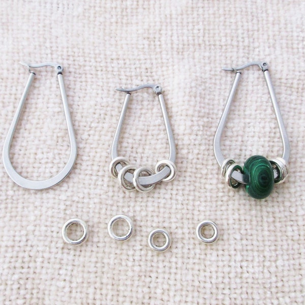 SALE! INTERCHANGEABLE stainless steel silver hoop earrings with silver rings, fits European beads, two sizes, beadable