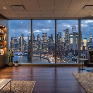 May include: A high-rise office interior featuring dark wood built-in shelving, a leather armchair, and a sofa. Large floor-to-ceiling windows offer a panoramic view of a city skyline at dusk, including a river, bridge, and illuminated skyscrapers.