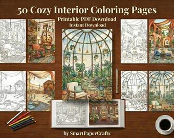 Cozy Coloring Book PDF, Hygge Home Coloring Pages, Adult Printable Coloring Book, Interior Room Scenes, Stress Relief Art