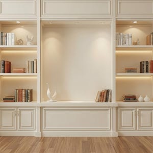 May include: A large, off-white built-in wall unit featuring multiple open shelves filled with books and decorative objects, integrated warm lighting, lower cabinet doors with panel detailing, and two potted green plants on the floor.