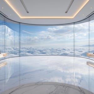 May include: A modern interior space featuring floor-to-ceiling curved glass walls that overlook a vast expanse of white clouds. The room includes a polished white marble floor, recessed ceiling lighting, and floating shelves displaying small decorative objects.