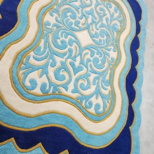 Luxury Teal Scalloped Handmade Tufted Rug, Custom Royal Living Room Carpet, Vintage Floral Area Rug Decor image 14