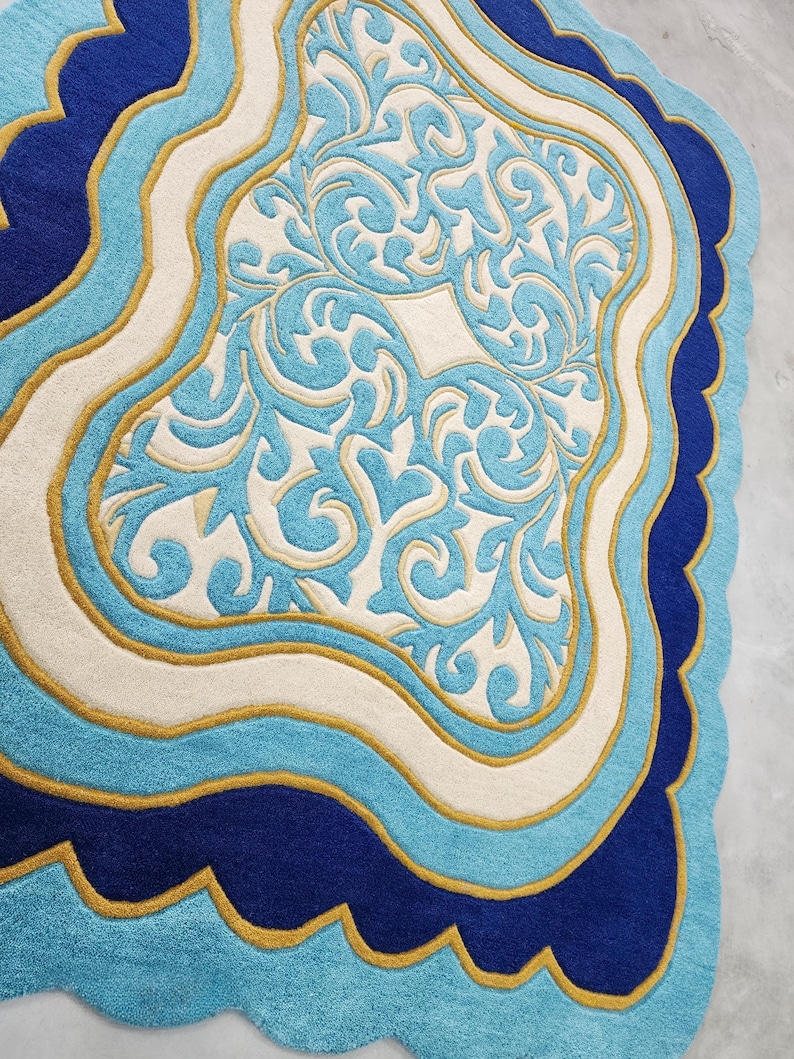 Luxury Teal Scalloped Handmade Tufted Rug, Custom Royal Living Room Carpet, Vintage Floral Area Rug Decor image 14
