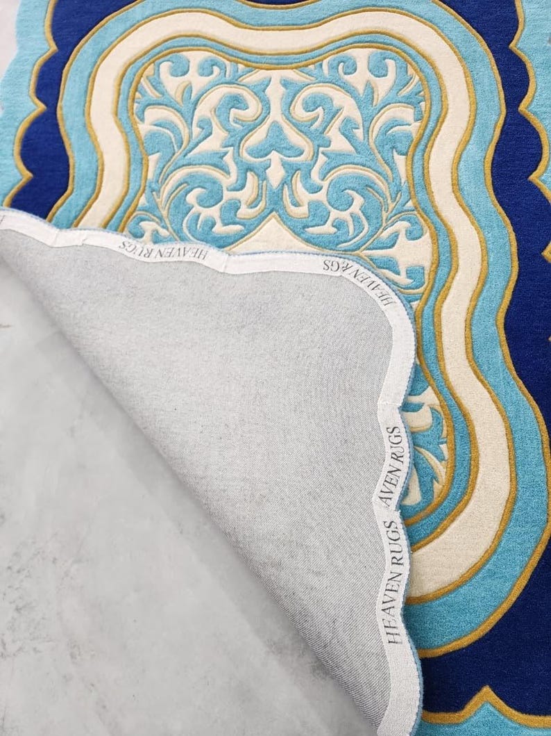 Luxury Teal Scalloped Handmade Tufted Rug, Custom Royal Living Room Carpet, Vintage Floral Area Rug Decor image 16