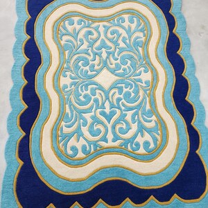 Luxury Teal Scalloped Handmade Tufted Rug, Custom Royal Living Room Carpet, Vintage Floral Area Rug Decor image 15