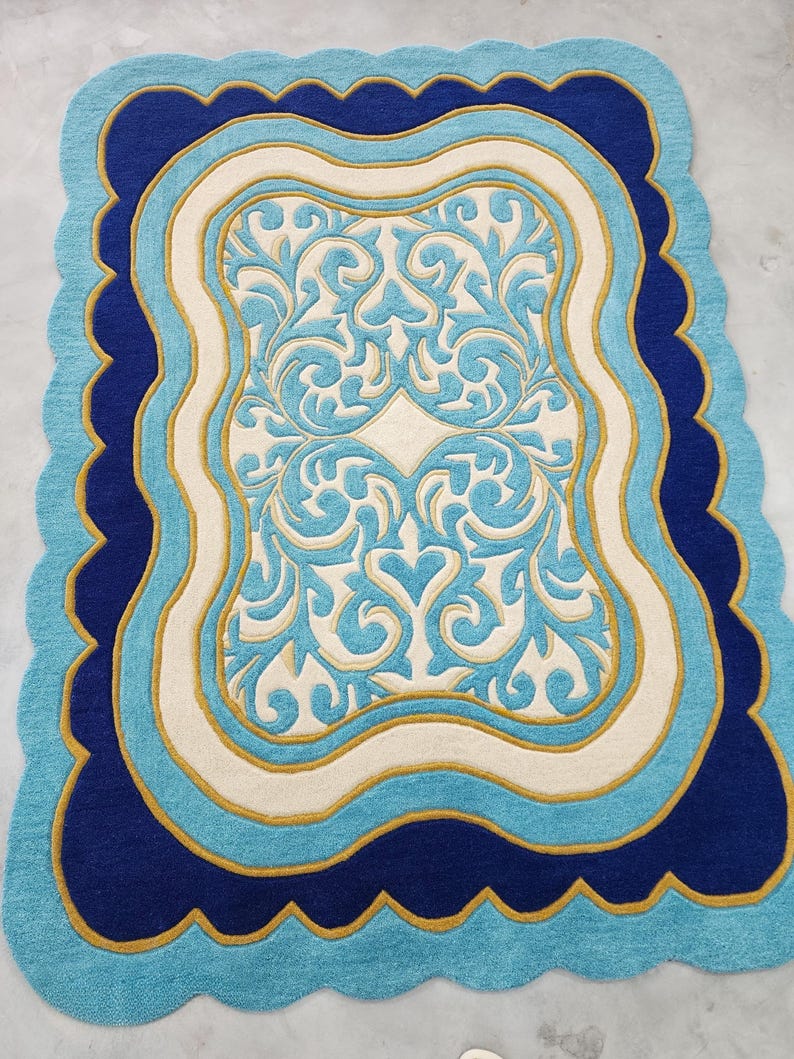 Luxury Teal Scalloped Handmade Tufted Rug, Custom Royal Living Room Carpet, Vintage Floral Area Rug Decor image 15