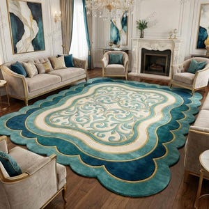 Luxury teal and cream scalloped area rug in modern living room and Elegant designer rug with floral swirl pattern and Royal teal blue handmade carpet for living room