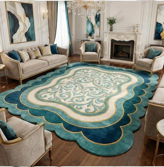 Luxury Teal Scalloped Handmade Tufted Rug, Custom Royal Living Room Carpet, Vintage Floral Area Rug Decor