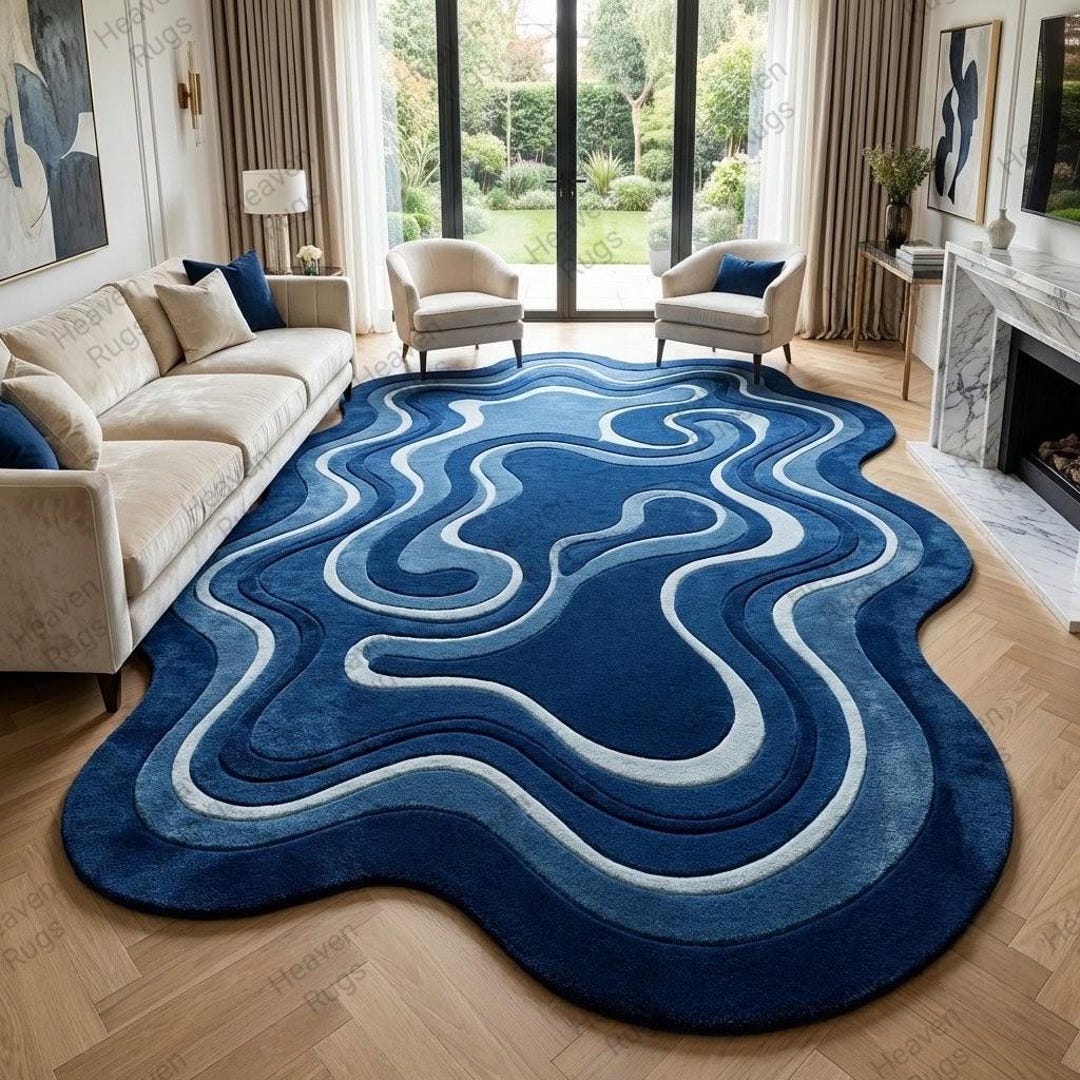 Handmade Blue Abstract Tufted Rug, Modern Wavy Irregular Area Rug ...
