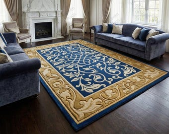 Luxury Blue Gold Tufted Rug, Handmade Floral Area Rug, Large Living Room Carpet, Custom Modern Classic Floor Rug