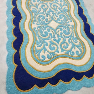 Luxury Teal Scalloped Handmade Tufted Rug, Custom Royal Living Room Carpet, Vintage Floral Area Rug Decor image 6