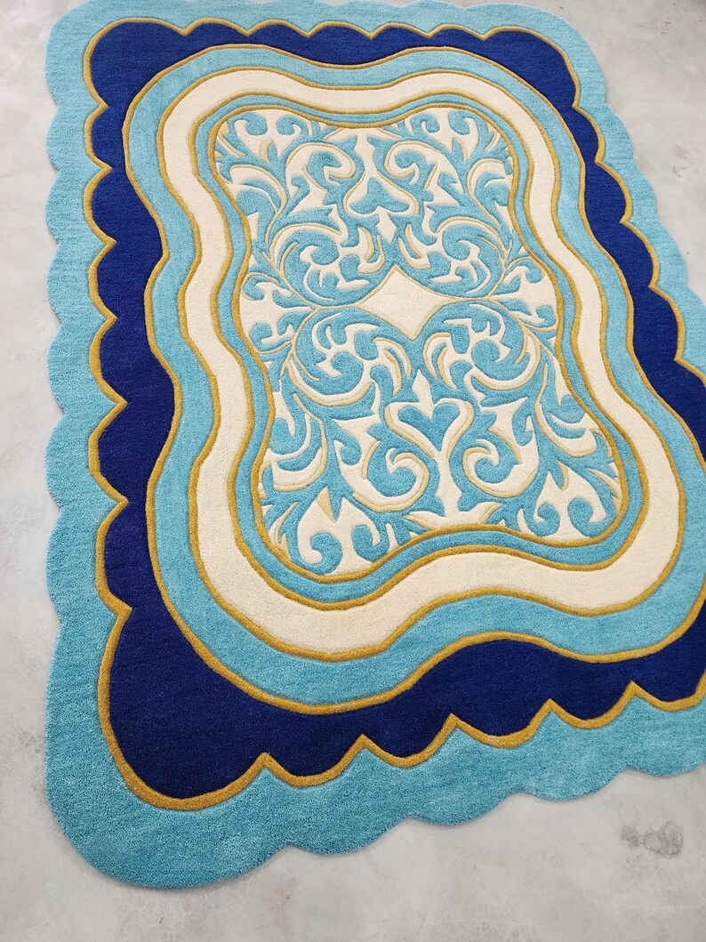 Luxury Teal Scalloped Handmade Tufted Rug, Custom Royal Living Room Carpet, Vintage Floral Area Rug Decor image 6