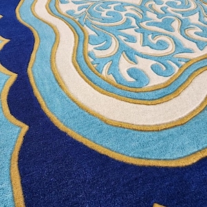 Luxury Teal Scalloped Handmade Tufted Rug, Custom Royal Living Room Carpet, Vintage Floral Area Rug Decor image 10