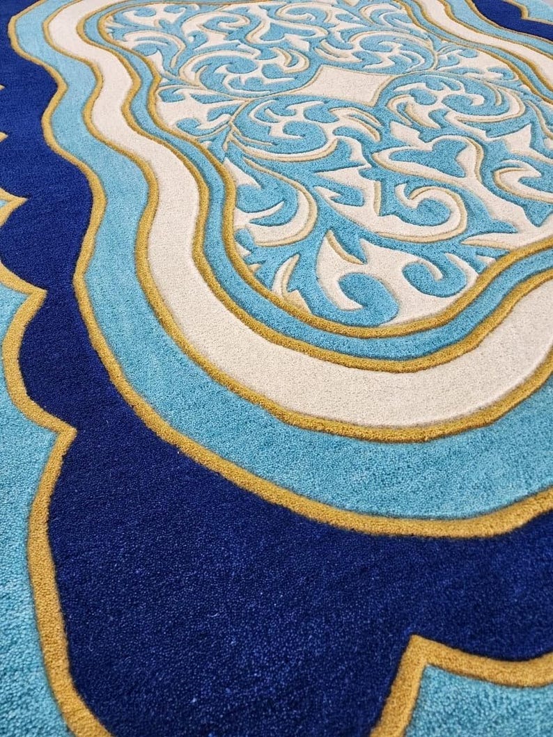 Luxury Teal Scalloped Handmade Tufted Rug, Custom Royal Living Room Carpet, Vintage Floral Area Rug Decor image 10