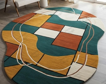 Hand getuftet moderner abstrakter geometrischer Teppich |  Teal Senf Orange Teppich für Wohnzimmer Boden Dekor | Handgemachter Tufting Teppich