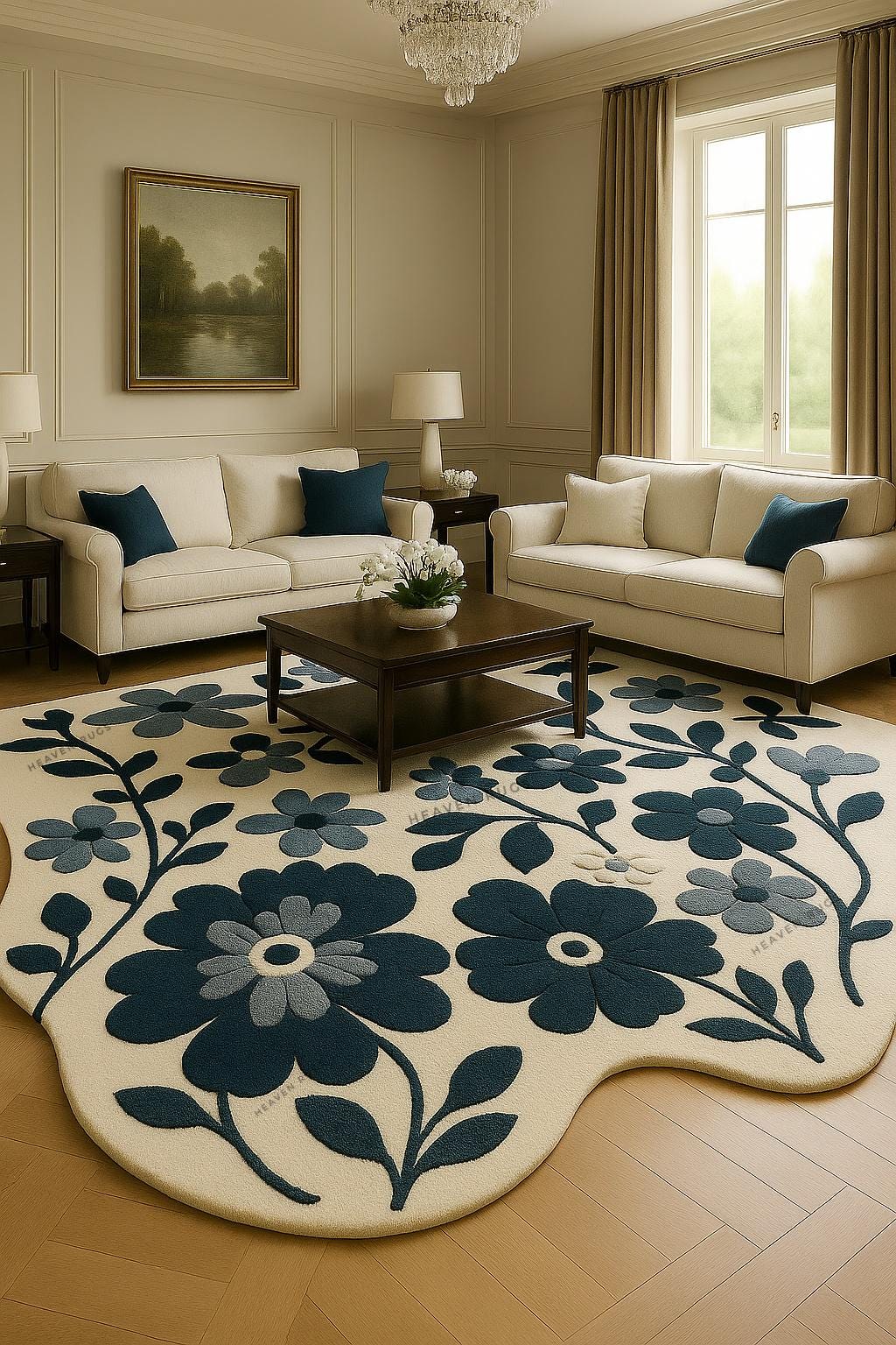 Hand Tufted Modern Floral Area Blue Beige Flower Rug for Bedroom Living ...
