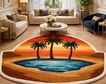 Hand tufted Tropical Sunset Palm Tree Round Handmade Tufted Beach Coastal Island Decor Carpet Modern Living Room Floor Rug