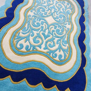 Luxury Teal Scalloped Handmade Tufted Rug, Custom Royal Living Room Carpet, Vintage Floral Area Rug Decor image 3