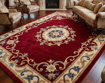 Handmade red floral tufted rug, vintage medallion wool area rug, traditional classic living room carpet, Victorian luxury home decor
