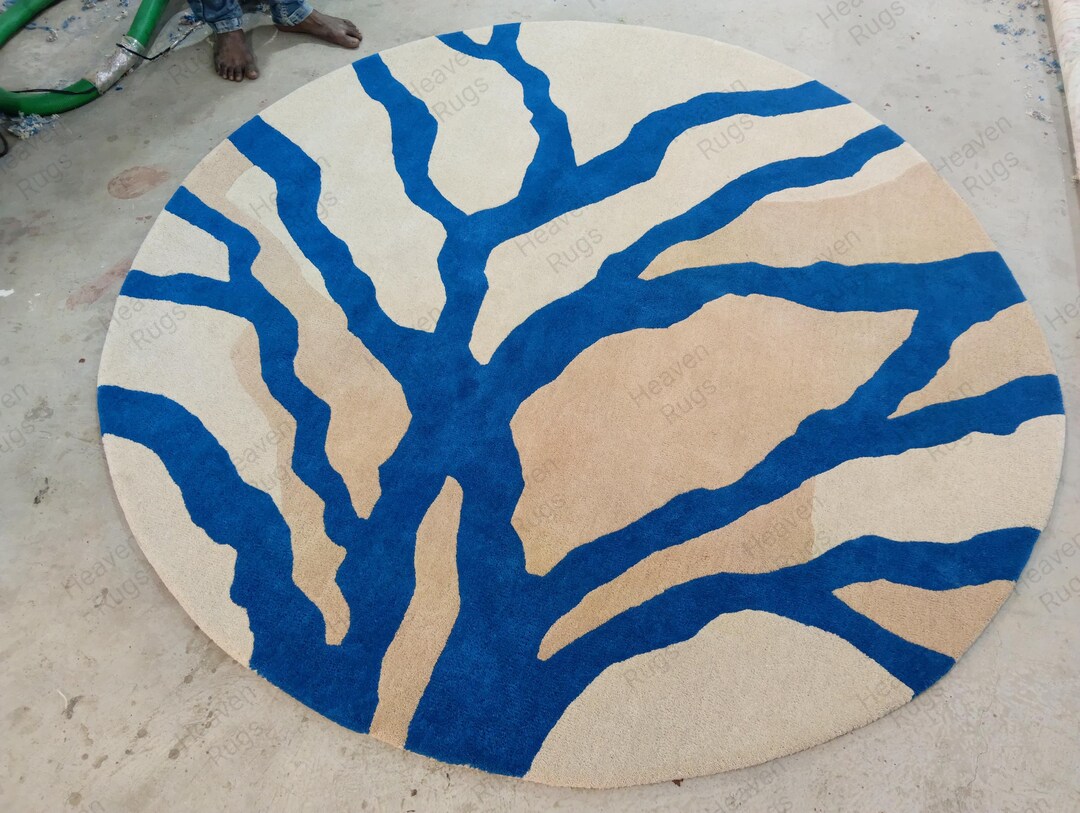 Tree Branch Rugs Handmade Tufted Modern Abstract Tree Branch Round Blue & Beige Hand ...
