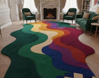 Alfombra de lujo multicolor abstracta ondulada tejida a mano / Alfombra de diseño moderno para sala de estar / Alfombra artística de tamaño personalizado