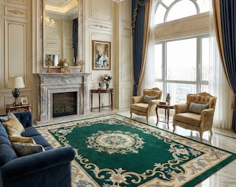 Emerald Green Floral Tufted Rug, Handmade Vintage Medallion Area Rug, Luxury Botanical Living Room Carpet Decor