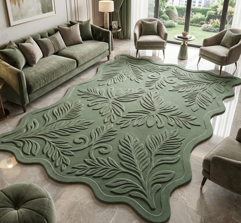 Handmade Green Tufted Rug, Botanical Leaf Carved Area Rug, Modern Sage ...