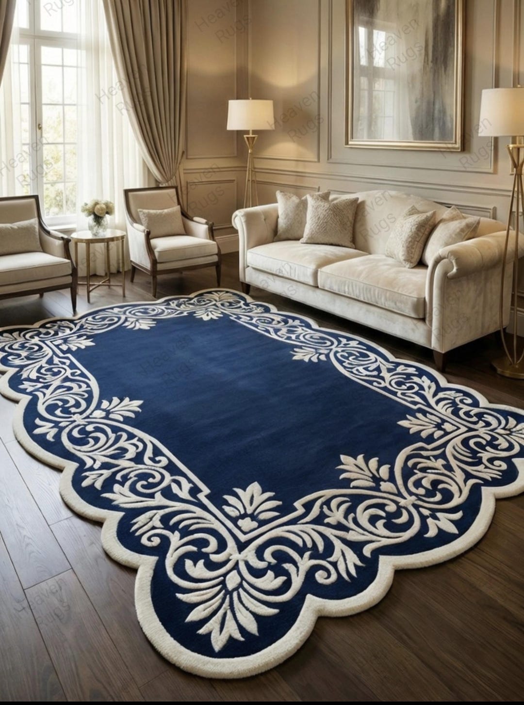 Handmade Blue Tufted Rug, Luxury Floral Border Carpet, Classic Living ...