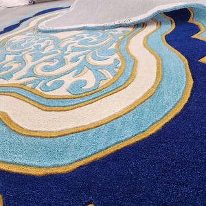 Luxury Teal Scalloped Handmade Tufted Rug, Custom Royal Living Room Carpet, Vintage Floral Area Rug Decor image 9