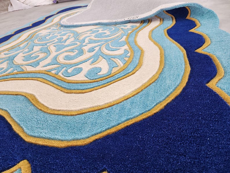 Luxury Teal Scalloped Handmade Tufted Rug, Custom Royal Living Room Carpet, Vintage Floral Area Rug Decor image 9