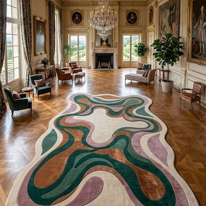 Abstract Organic Wave Rug | Hand-Tufted Modern Wavy Area Carpet | 70s Retro Swirl Decor for Luxury Living Room