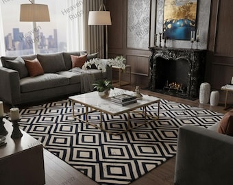 Alfombra geométrica en blanco y negro hecha a mano, moderna, con mechones hechos a mano, de lujo, para sala de estar, decoración minimalista para el hogar.