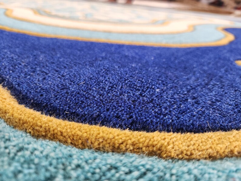 Luxury Teal Scalloped Handmade Tufted Rug, Custom Royal Living Room Carpet, Vintage Floral Area Rug Decor image 13