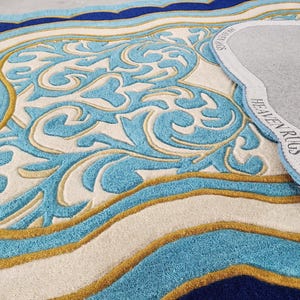 Luxury Teal Scalloped Handmade Tufted Rug, Custom Royal Living Room Carpet, Vintage Floral Area Rug Decor image 8