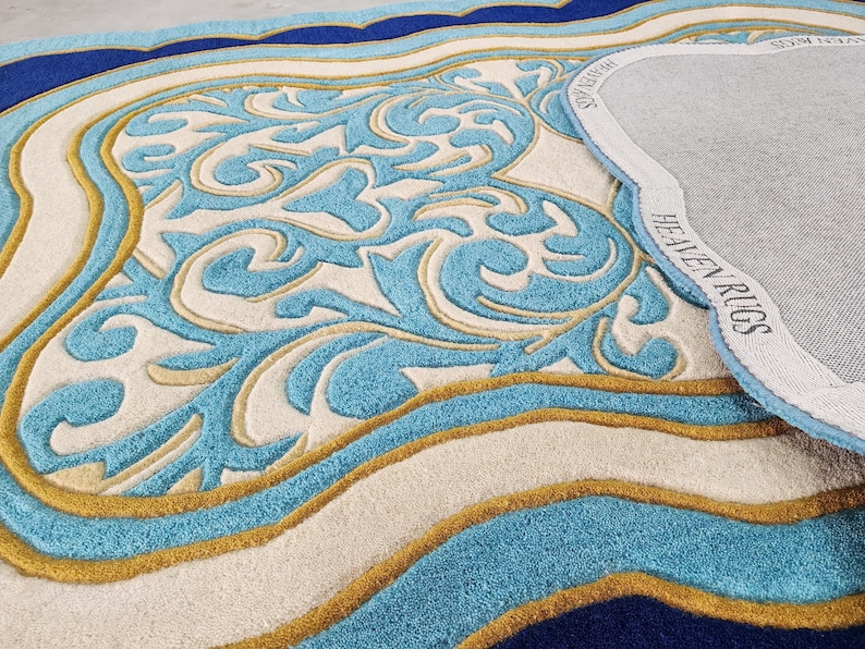 Luxury Teal Scalloped Handmade Tufted Rug, Custom Royal Living Room Carpet, Vintage Floral Area Rug Decor image 8