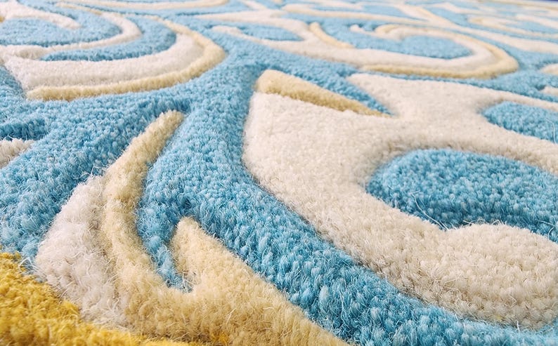 Luxury Teal Scalloped Handmade Tufted Rug, Custom Royal Living Room Carpet, Vintage Floral Area Rug Decor image 7