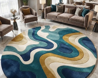 Handmade Tufted Abstract Round Rug, Modern Teal Blue Gold Area Rug, Contemporary Living Room Carpet Decor