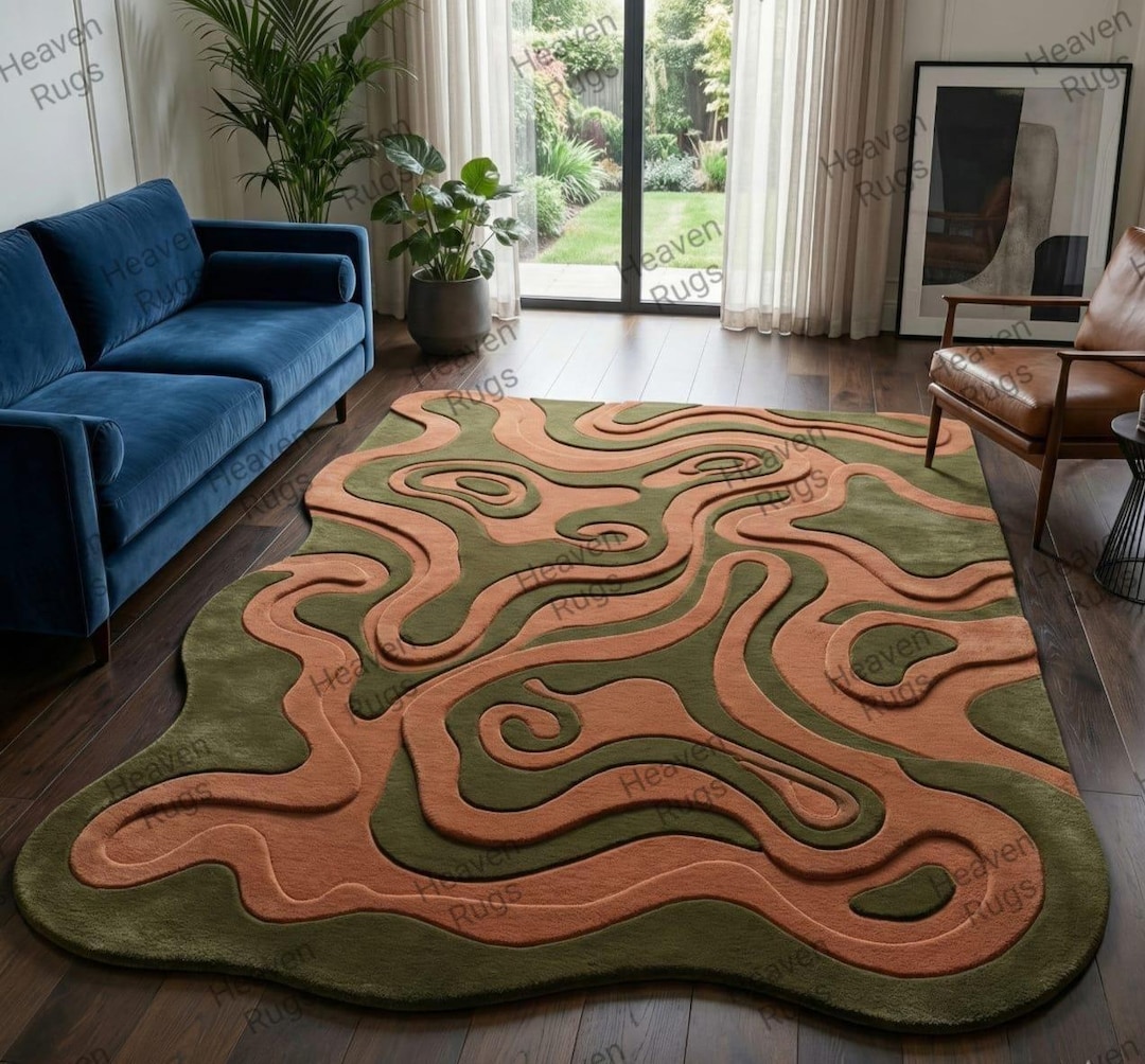 Hamd Tufted Modern Carved Organic Shape Rug Olive Green Terracotta ...