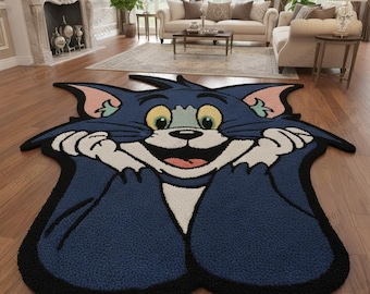 Hand tufted Cartoon Cat Shaped Character Inspired Floor Carpet Handmade Tufted Kids Room Playroom & Bedroom Decor Rug