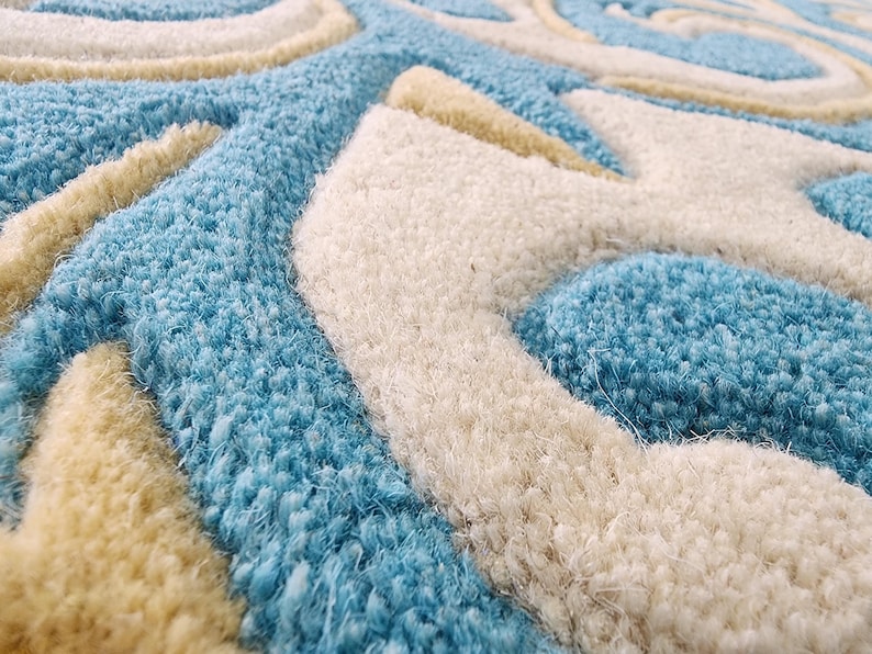 Luxury Teal Scalloped Handmade Tufted Rug, Custom Royal Living Room Carpet, Vintage Floral Area Rug Decor image 4