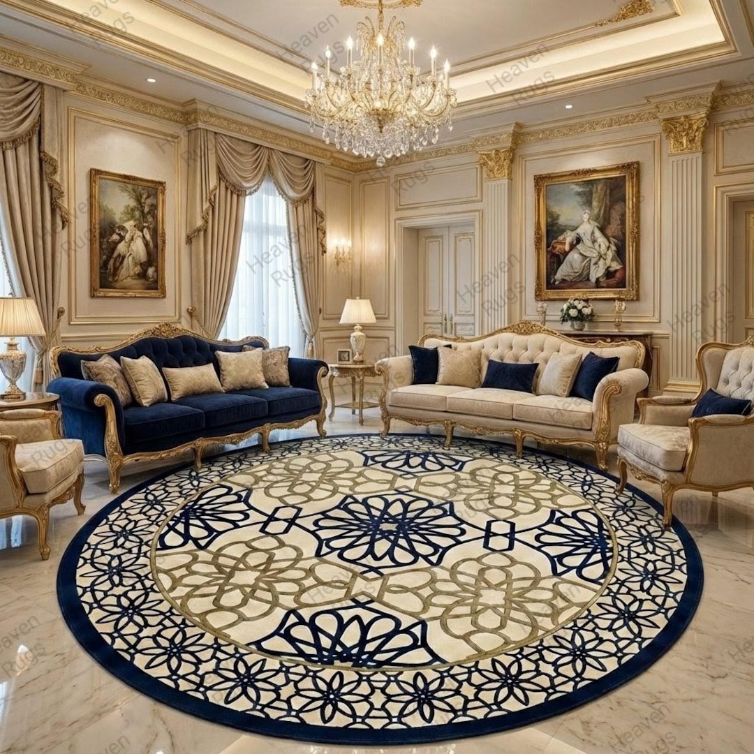 Luxury Round Tufted Rug Blue Gold, Handmade Royal Carpet, Large Living ...