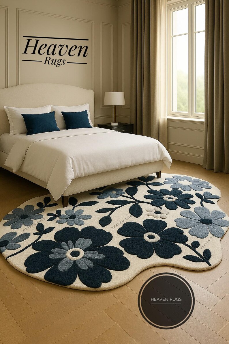 Hand Tufted Modern Floral Area Blue Beige Flower Rug for Bedroom Living ...