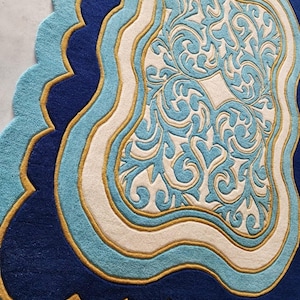Luxury Teal Scalloped Handmade Tufted Rug, Custom Royal Living Room Carpet, Vintage Floral Area Rug Decor image 12