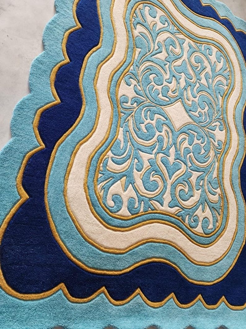 Luxury Teal Scalloped Handmade Tufted Rug, Custom Royal Living Room Carpet, Vintage Floral Area Rug Decor image 12